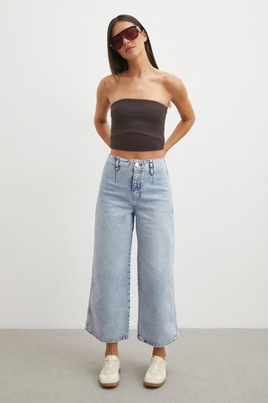 Önü Cepsiz Straight Jean Buz Mavisi