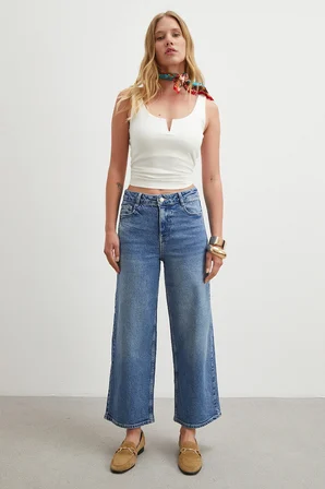 Yüksek Bel Culotte Jean Lacivert
