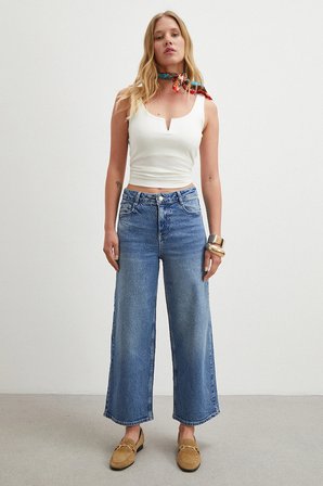 Yüksek Bel Culotte Jean Lacivert