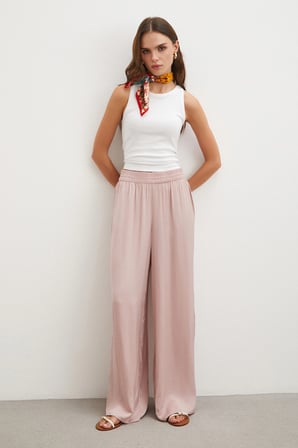 Beli Lastikli Dökümlü Geniş Paça Pantolon Pembe