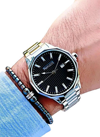 Ferrucci Business Çelik Kordon Silver Takvimli Erkek Kol Saati+Bileklik