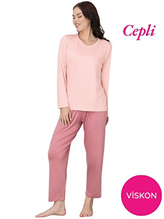 Kadın Bisiklet Yaka Düğmesiz Viskon Mevsimlik Uzun Kol Cepli Pijama Takımı