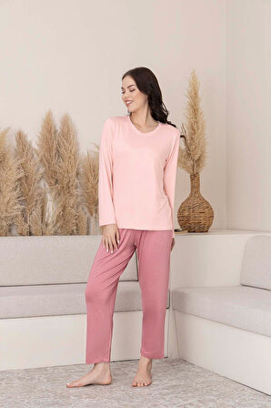 Kadın Bisiklet Yaka Düğmesiz Viskon Mevsimlik Uzun Kol Cepli Pijama Takımı