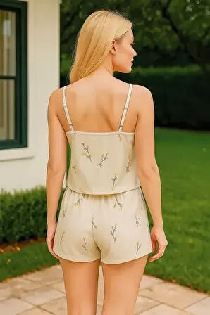 Litae Gri Çiçek Desenli Askılı Şortlu Pijama Takımı
