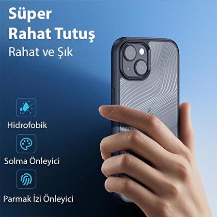 Coofbe Darbe Emici Solmaz Parmak İzi Bırakmaz Hidrofobik Lens Korumalı İphone 15 Plus Kılıf Buzlu Kılıf