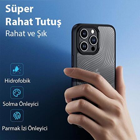 Coofbe Darbe Emici Solmaz Parmak İzi Bırakmaz Hidrofobik Lens Korumalı İphone 15 Pro Kılıf Buzlu Kılıf