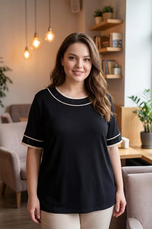 Wearon Kadın Melda O Yaka Biyeli Taşlı Kısa Kol Siyah Tişört