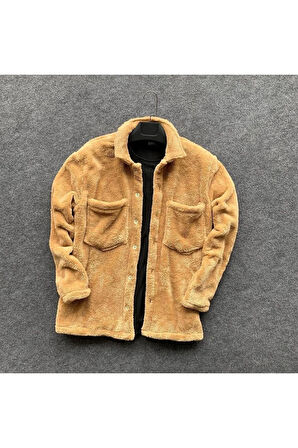 Unisex Bej Peluş Polar Hırka Gömlek Siyah Eşofman Altı ( Tişört Dahil Değildir)
