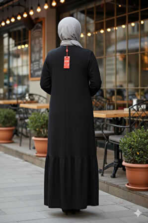 Hesna Kadın Derya Fitilli Doku Eteği Farbalı Broşlu Siyah Elbise