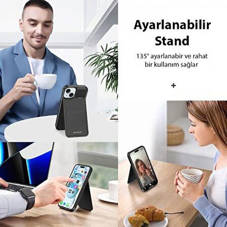 Coofbe Premium Deri 3in1 Magsafe iPhone 15 Plus Kılıf Kartlık Telefon Stand İphone 15 Plus Cüzdan Kılıf