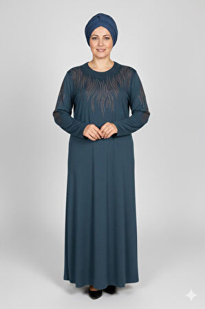Hesna Kadın Ferda Kışlık Battal Beden Boydan Baskılı Petrol Elbise