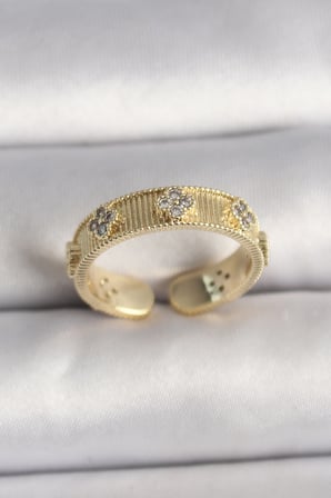 Utterly Good Gold Renk Zirkon Taşlı Yonca Yüzük Ayarlanabilir Pirinç Kadın Yüzüğü