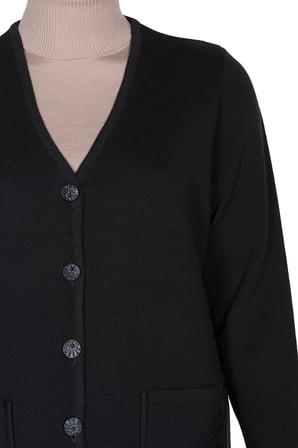 Hesna Kadın Çelik Örme Büyük Beden Cepli Düğmeli Siyah Aylin Hırka Ceket