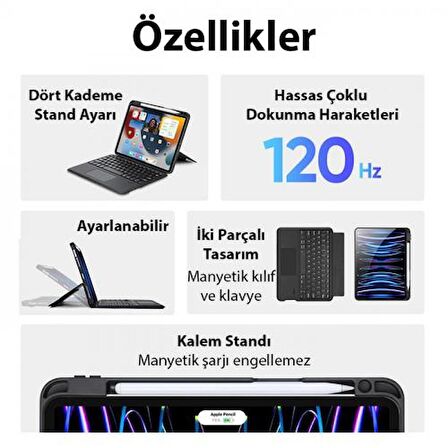 Coofbe 3in1 iPad Pro 11 Kablosuz Bluetooth Klavye Touchpad 4 Kademe Stand Ve Manyetik Kılıf 