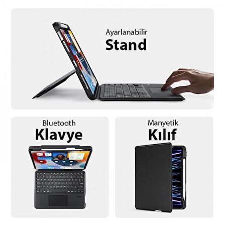 Coofbe 3in1 iPad Pro 11 Kablosuz Bluetooth Klavye Touchpad 4 Kademe Stand Ve Manyetik Kılıf 