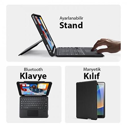 Coofbe 3in1 iPad 7 8 9 10.2 Kablosuz Bluetooth Klavye Touchpad 4 Kademe Stand Ve Manyetik Kılıf 