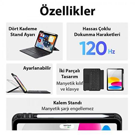 Coofbe 3in1 iPad 10 Kılıf  iPad 10 2022  Bluetooth Klavye Touchpad 4 Kademe Stand Ve Manyetik Kılıf 