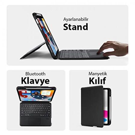 Coofbe 3in1 iPad 10 Kılıf  iPad 10 2022  Bluetooth Klavye Touchpad 4 Kademe Stand Ve Manyetik Kılıf 