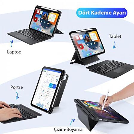 Coofbe 3in1 iPad 10 Kılıf  iPad 10 2022  Bluetooth Klavye Touchpad 4 Kademe Stand Ve Manyetik Kılıf 