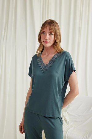 HERŞEYTREND  Kısa Kollu V Yakalı Dantelli Pijama Takımı