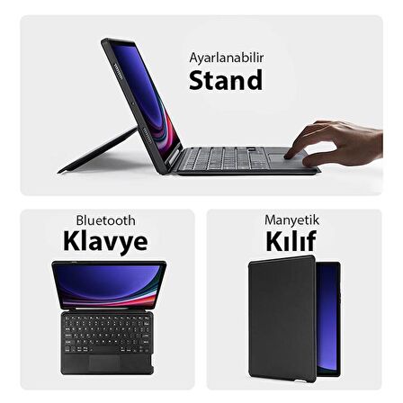 Coofbe 3in1 Samsung Tab S9 X710-X716B Kablosuz Bluetooth Klavye Touchpad 4 Kademe Stand Ve Manyetik Kılıf 