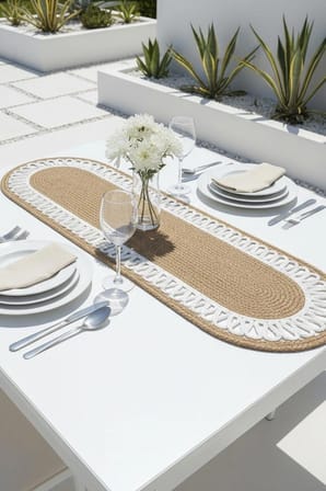 Modern Çift Renk Detaylı Hasır Runner 33x100 - Makinede Yıkanabilir Doğal Dokulu Oval Jüt Runner