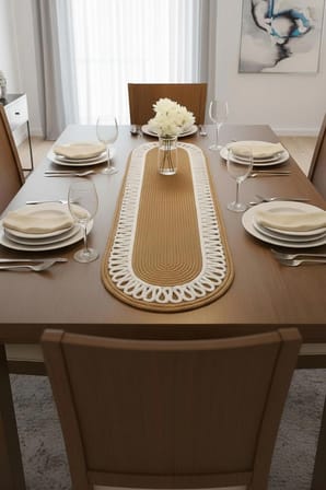 Modern Çift Renk Detaylı Hasır Runner 33x100 - Makinede Yıkanabilir Doğal Dokulu Oval Jüt Runner