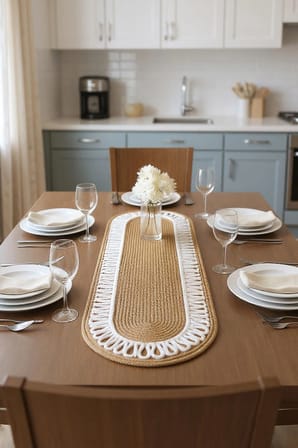 Modern Çift Renk Detaylı Hasır Runner 33x100 - Makinede Yıkanabilir Doğal Dokulu Oval Jüt Runner