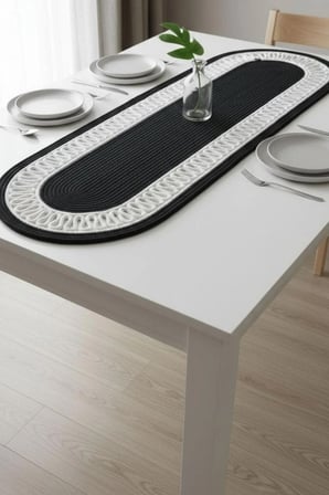 Modern Çift Renk Detaylı Hasır Runner 33x100 - Makinede Yıkanabilir Doğal Dokulu Oval Jüt Runner