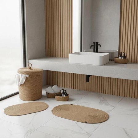 5 Parça Jüt Banyo Seti -Kirli Çamaşır Sepeti, 2'li Paspas ve 2'li Organizer Takımı - Doğal Sepet Seti