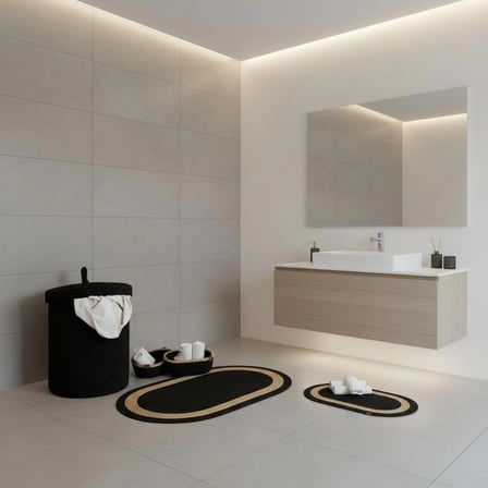 5 Parça Şeritli Jüt Banyo Seti-Çizgili Kirli Sepeti Paspas ve Organizer Takımı