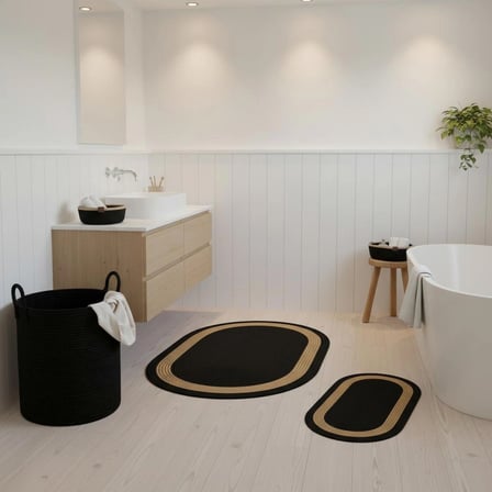 5 Parça Şeritli Jüt Banyo Seti - Antrasit Siyah Çizgili Kirli Sepeti Paspas ve Organizer Takımı