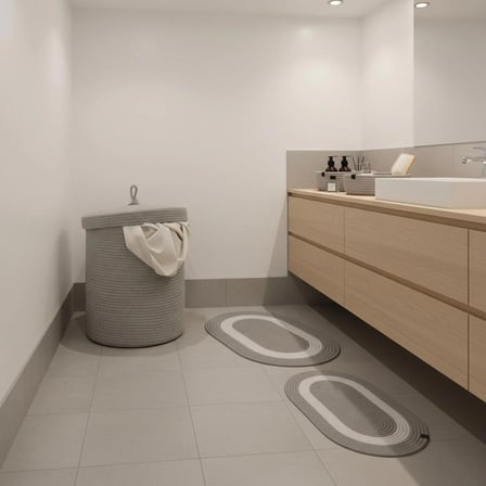 5 Parça Şeritli Jüt Banyo Seti - Antrasit Siyah Çizgili Kirli Sepeti Paspas ve Organizer Takımı