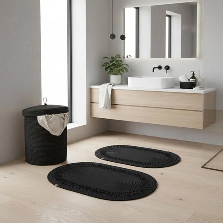 5 Parça Triko Şeritli Jüt Banyo Seti - Örme Detaylı Kirli Sepeti Paspas ve Organizer Takımı