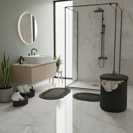 5 Parça Triko Şeritli Jüt Banyo Seti - Örme Detaylı Kirli Sepeti Paspas ve Organizer Takımı
