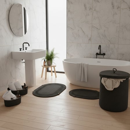 5 Parça Triko Şeritli Jüt Banyo Seti - Örme Detaylı Kirli Sepeti Paspas ve Organizer Takımı