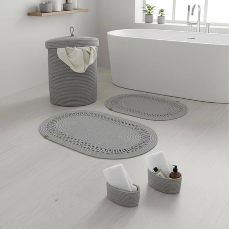 5 Parça Triko Şeritli Jüt Banyo Seti - Örme Detaylı Kirli Sepeti Paspas ve Organizer Takımı