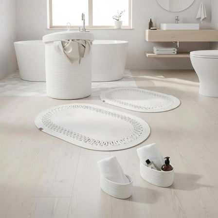 5 Parça Triko Şeritli Jüt Banyo Seti - Örme Detaylı Kirli Sepeti Paspas ve Organizer Takımı