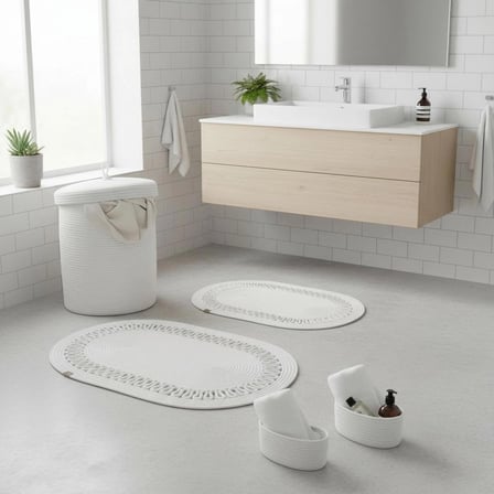 5 Parça Triko Şeritli Jüt Banyo Seti - Örme Detaylı Kirli Sepeti Paspas ve Organizer Takımı