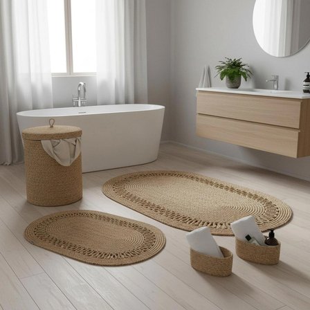 5 Parça Triko Şeritli Jüt Banyo Seti - Örme Detaylı Kirli Sepeti Paspas ve Organizer Takımı