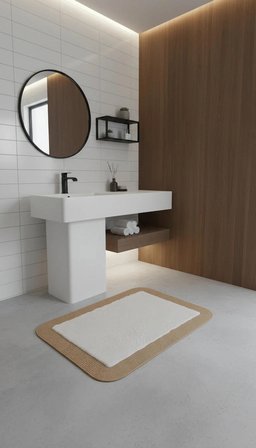Jüt Peluş Kaymaz Taban Yıkanabilir Banyo Mutfak Kapı Önü Paspası 40x60 cm-Hasır-Beyaz
