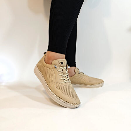 Voyager Z094 Bej Hakiki Deri Lazer İşlemeli Kadın Ayakkabı