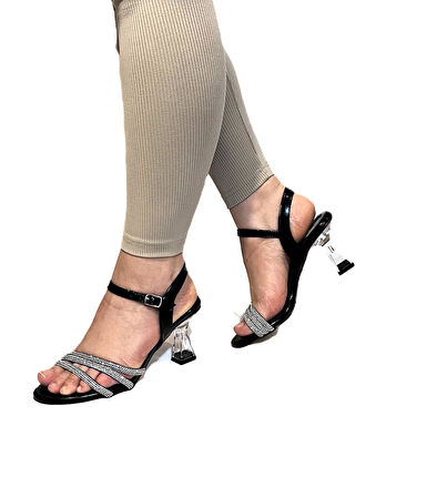 Fiyra 7027 Siyah 7cm Kadeh Topuk Üçbant Taşlı Bayan Abiye Ayakkabı
