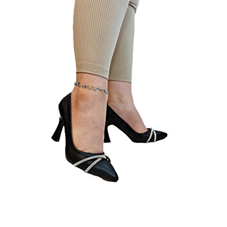 Fiyra 7030 Siyah Örgü Taşlı Kadeh Topuk Stiletto Topuklu Ayakkabı