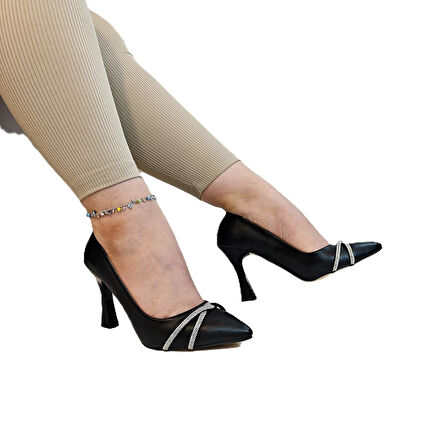 Fiyra 7030 Siyah Örgü Taşlı Kadeh Topuk Stiletto Topuklu Ayakkabı