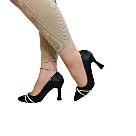 Fiyra 7030 Siyah Örgü Taşlı Kadeh Topuk Stiletto Topuklu Ayakkabı