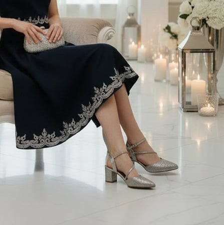 Fiyra 7012 Gümüş Simli taşlı Kalın Kare Topuk Abiye Stiletto Ayakkabı