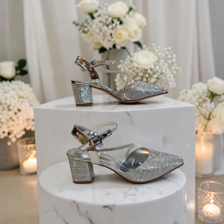 Fiyra 7012 Gümüş Simli taşlı Kalın Kare Topuk Abiye Stiletto Ayakkabı