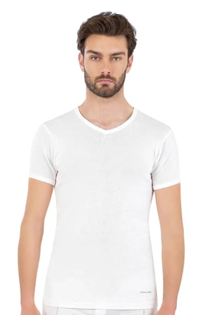 Erkek %100 Pamuklu Beyaz 2'li Ribana V Yaka Fanila T-shirt Q5.U.5O.K3.K.A.P.C
