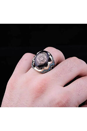 Zorbey Kehribar Taşlı Hz. Süleyman Mührü 925 Ayar Gümüş Erkek Yüzük